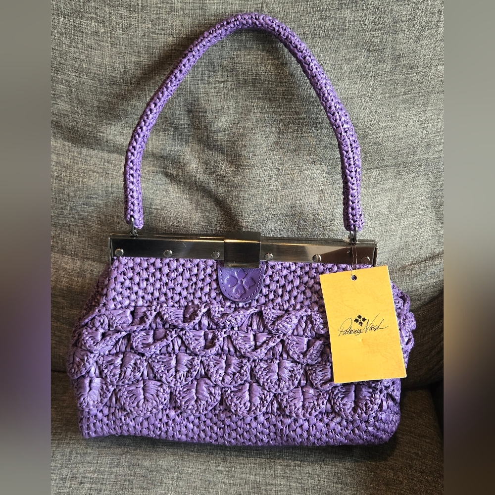 Patricia Nash Woven Raffia Scallop Ferrara Frame Handbag With Chain Violet